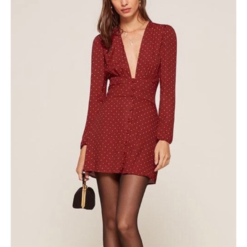 Reformation Burgundy Mini Dress with Dots